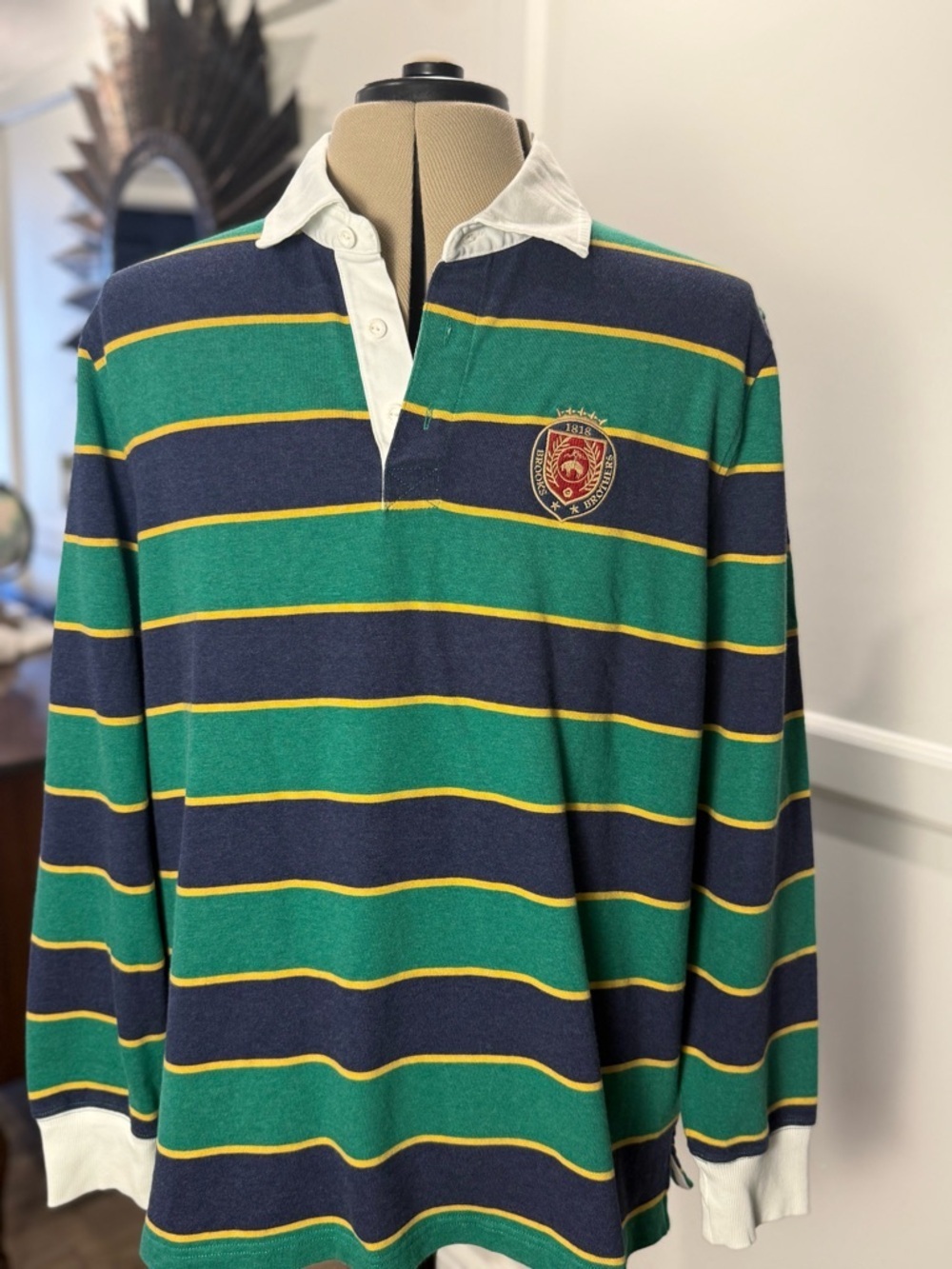 Brooks Brothers Green and Navy Striped Long Sleeve Polo Rugby